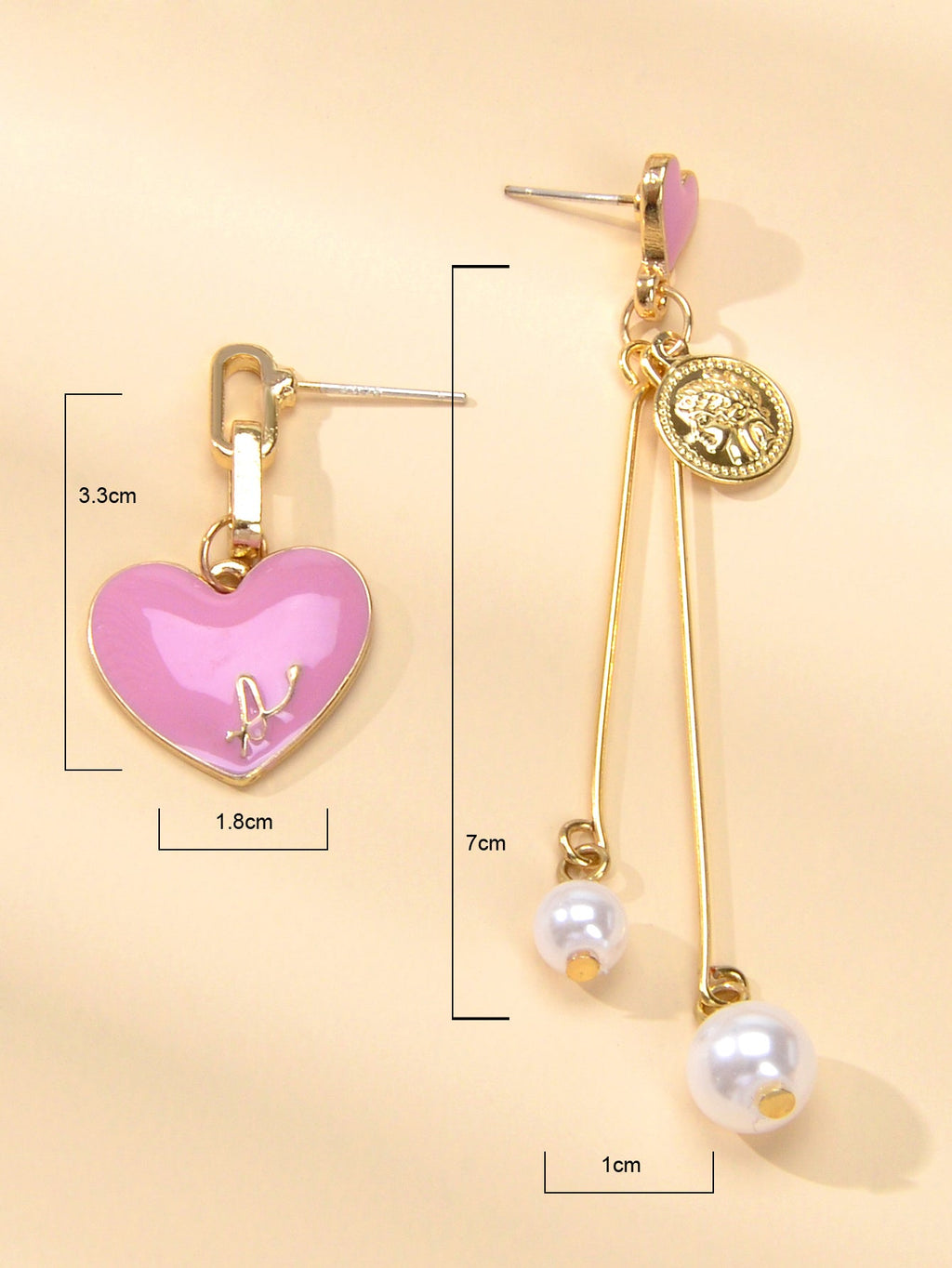 Valentine's Day Jewellery Pearl Cion Charm Pink Enamel Heart Asymmetric Earrings