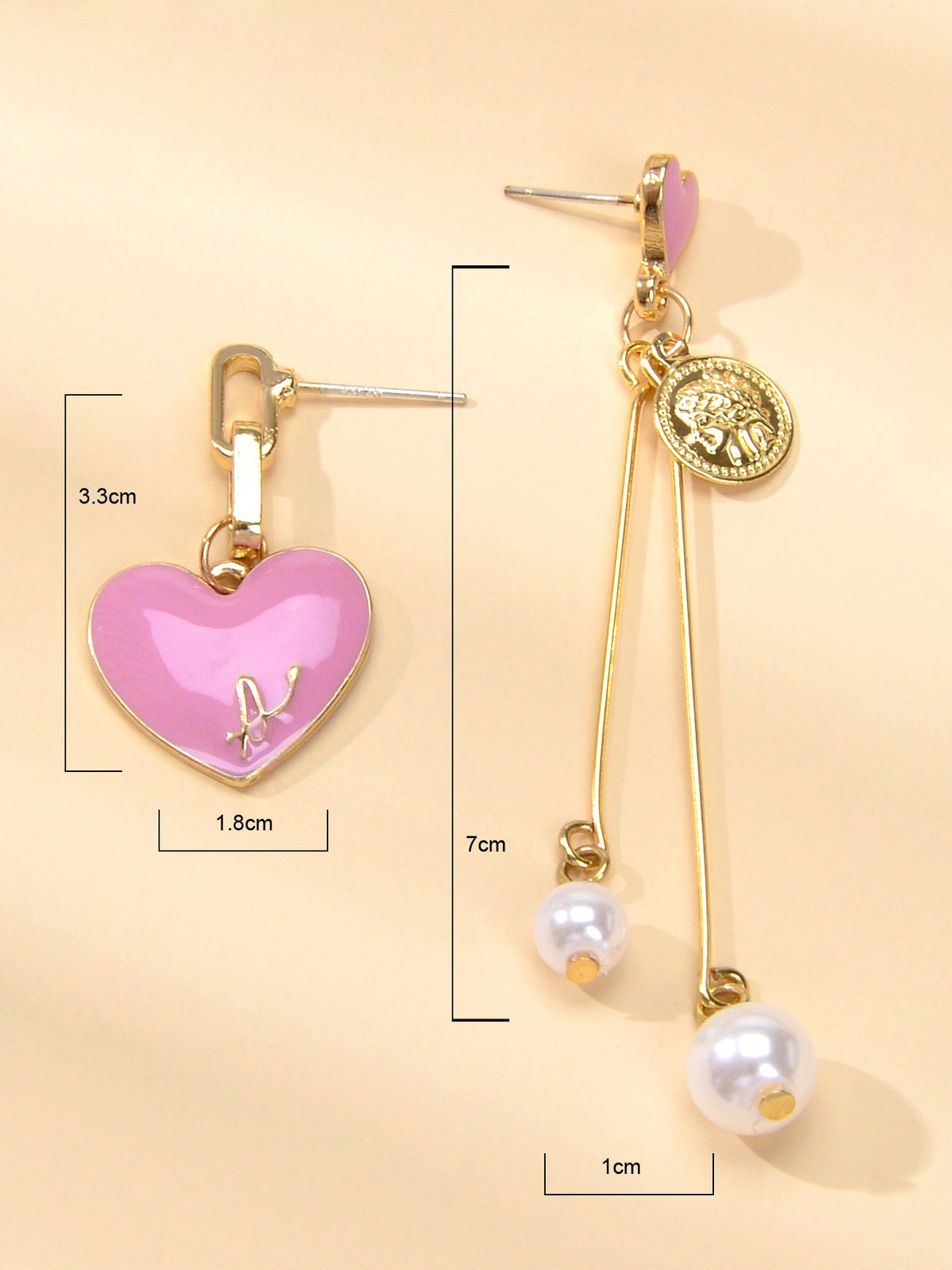 Valentine's Day Jewellery Pearl Cion Charm Pink Enamel Heart Asymmetric Earrings