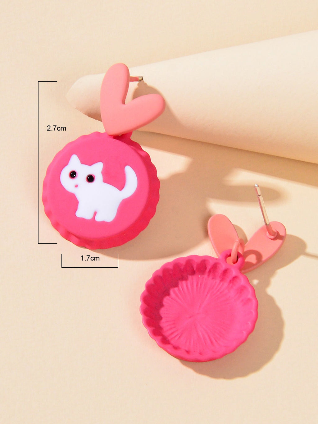 Cute Funny Hotpink Heart Cat Capsule Stud Earrings Y2k Style Girl Jewellery Gift