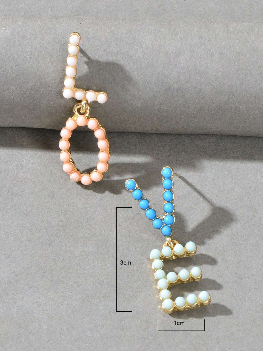 Beaded LOVE letter dangling earrings set, pink and blue, with looping hoop dangles