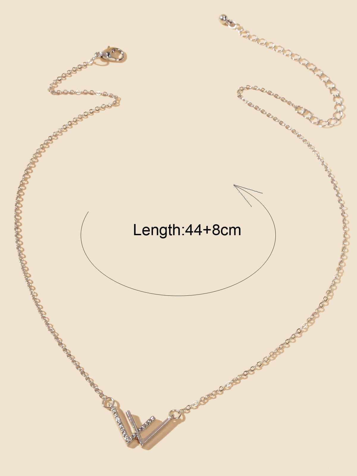 Silver rhinestone V charm necklace with geometric V pendant and chain