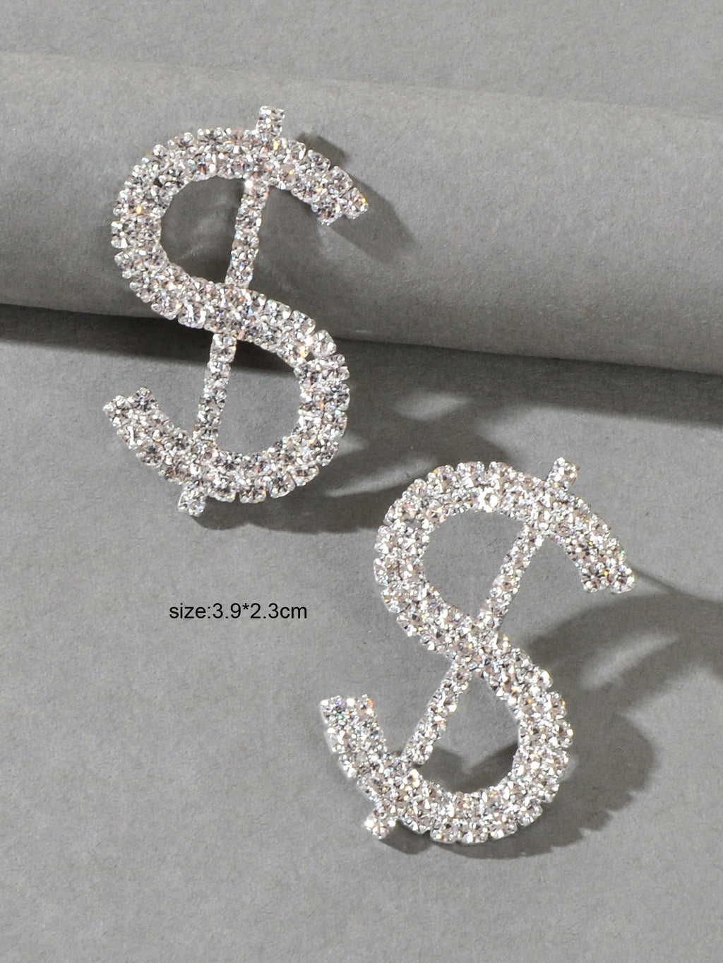 Sparkling Full Rhinestone Decoration Silver Dollar Sign Stud Earrings Lady Gift
