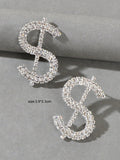 Sparkling Full Rhinestone Decoration Silver Dollar Sign Stud Earrings Lady Gift