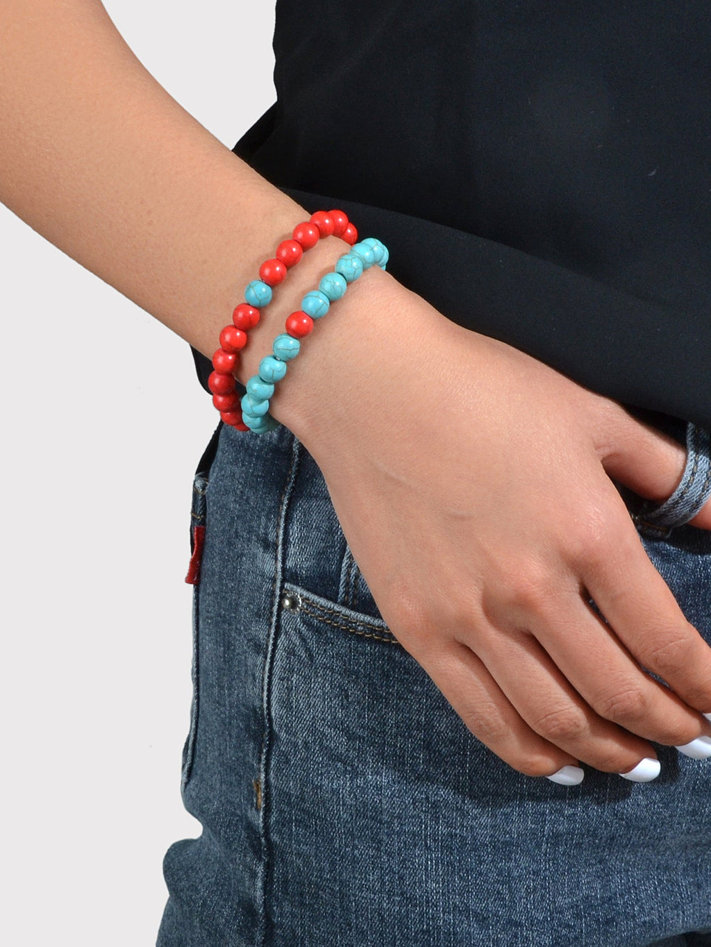 2pcs Bohemian Ethnic Handmade Red Beige Beads Turquoise Elastic Bracelets Bangle