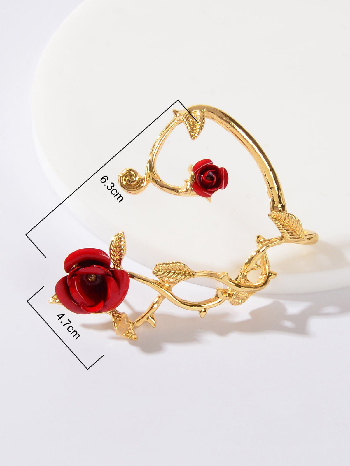 Gold-tone rose ear climber cuff wrap with red flower and decorative leaf links