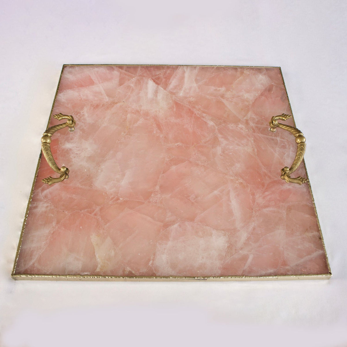 Rose Quartz Square Serving Tray with Brass Handles