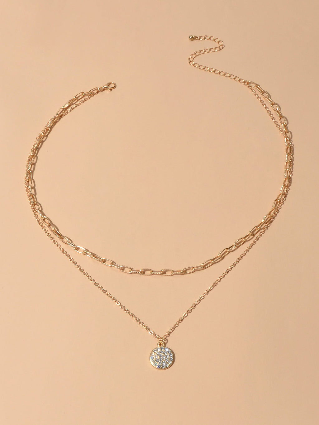 Female Jewellery Double layer Paperclip Gold Silver Chain Round Pendant Necklace