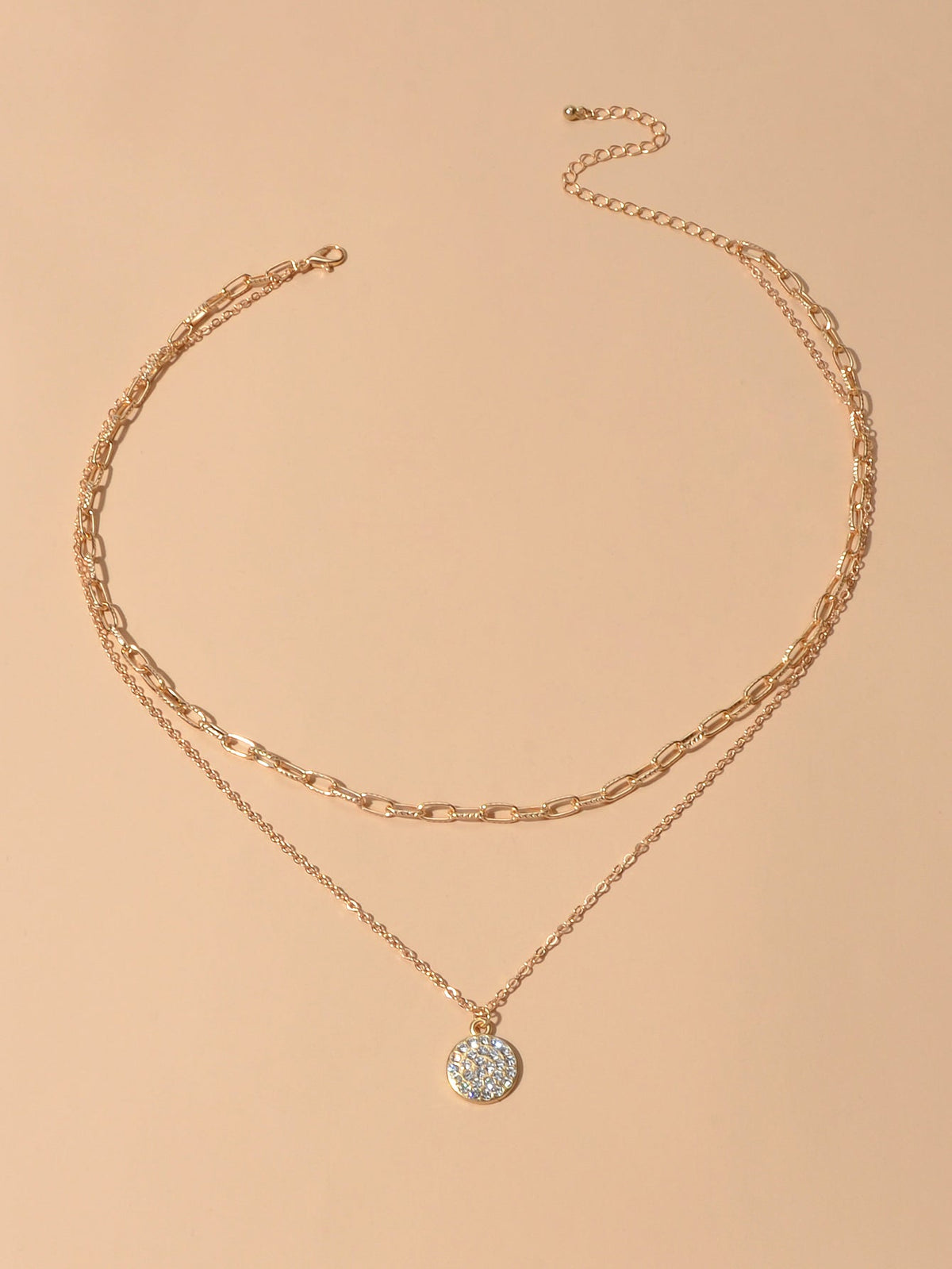 Female Jewellery Double layer Paperclip Gold Silver Chain Round Pendant Necklace