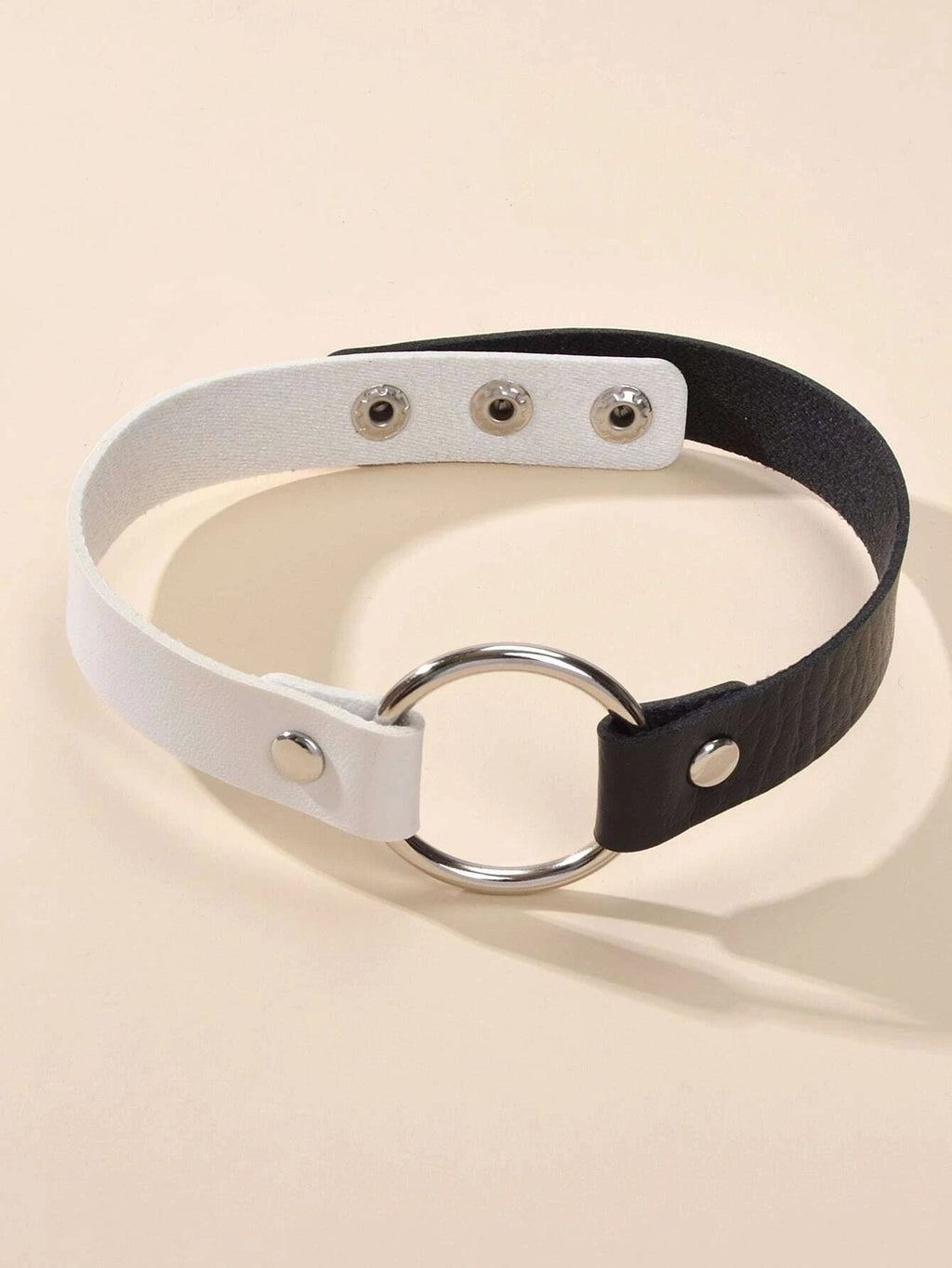 Two-tone PU leather choker, black and white, with round silver ring and snap studs