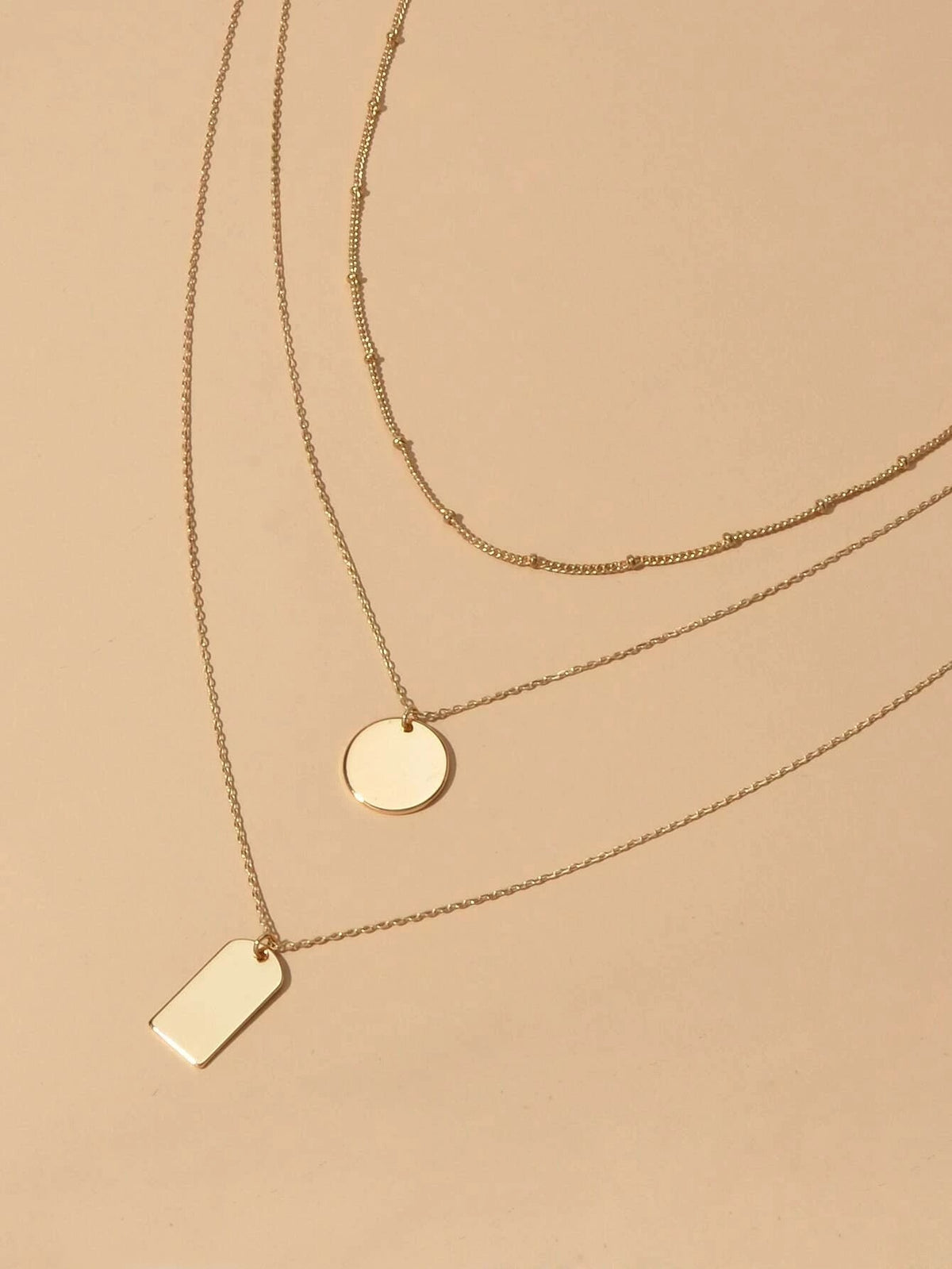 3pcs Multi-layer Gold Tone Chain Round Square Pendant Necklace Girls Teens Gift