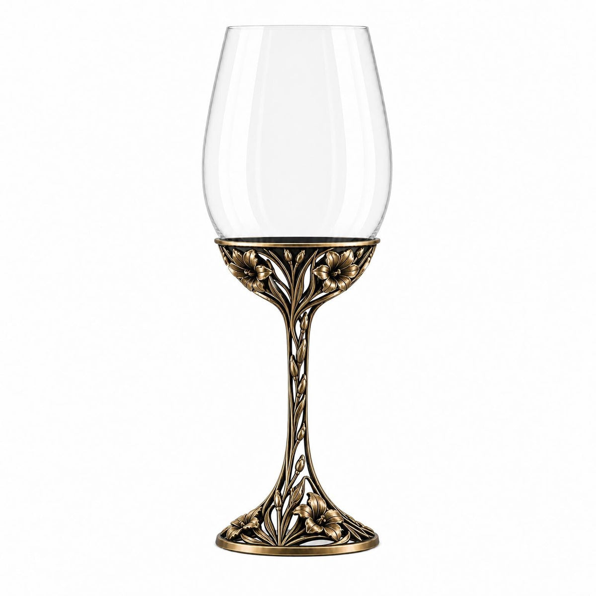 August Gladiolus Wine Glass, Personalised Birth Flower, Openwork Brass Stem, Custom Etched Gift