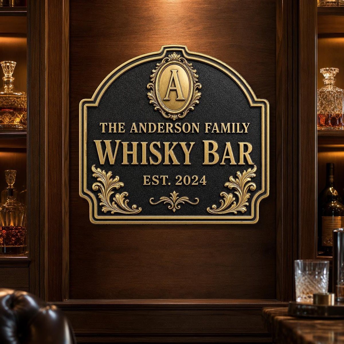 Personalized Home Bar Sign – Antique Brass Scroll Arch