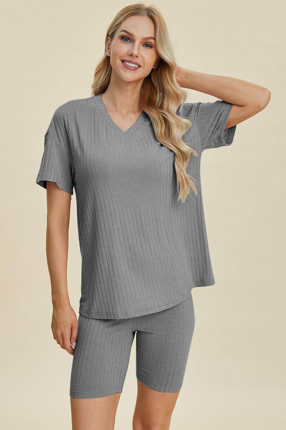 Basic Bae Full Size Ribbed V-Neck Top and Shorts Set For Women - n/a at Dealshubindia