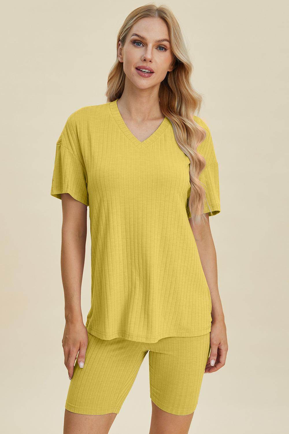 Basic Bae Full Size Ribbed V-Neck Top and Shorts Set For Women - n/a at Dealshubindia