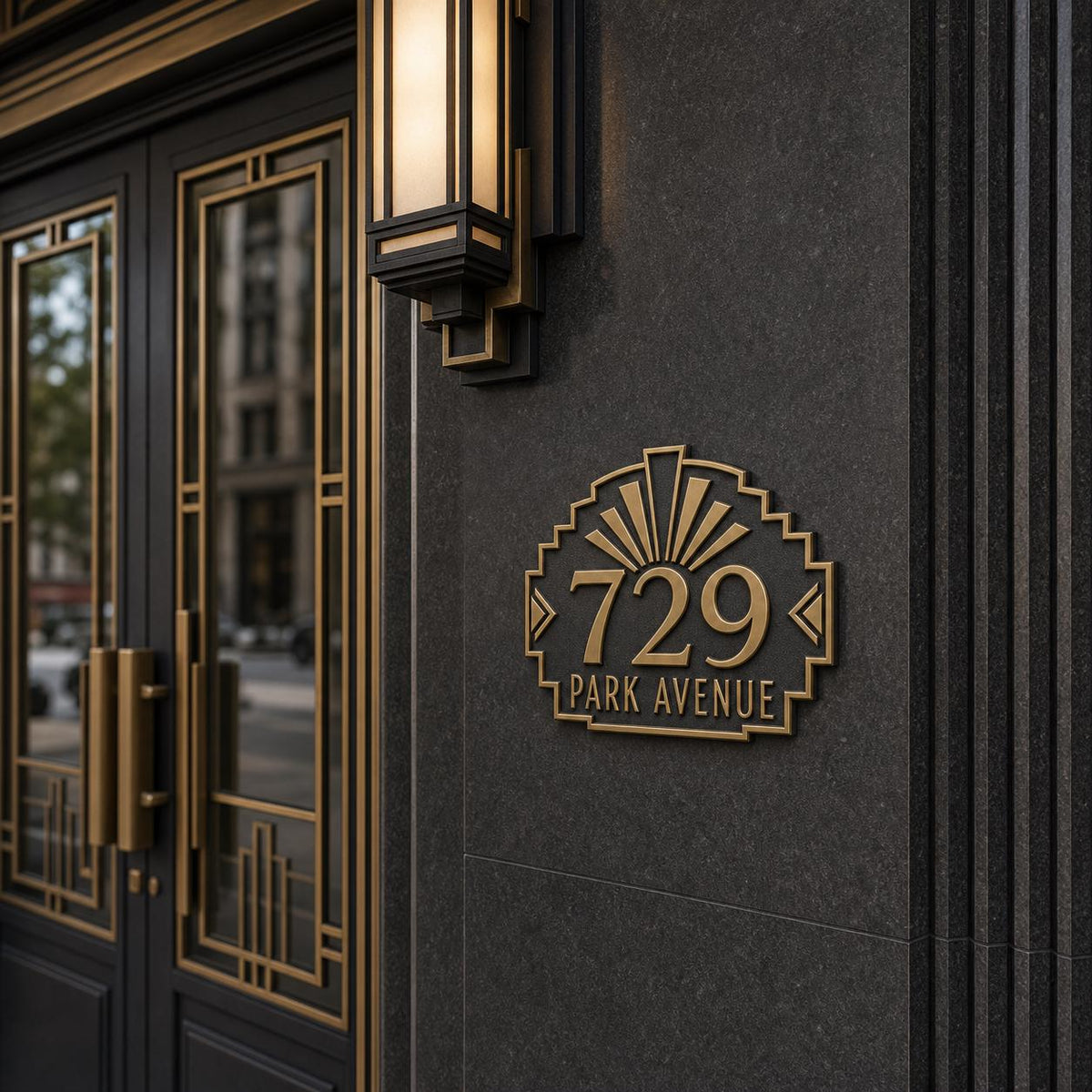 Personalized Address Plaque – Antique Brass Art Deco Fan