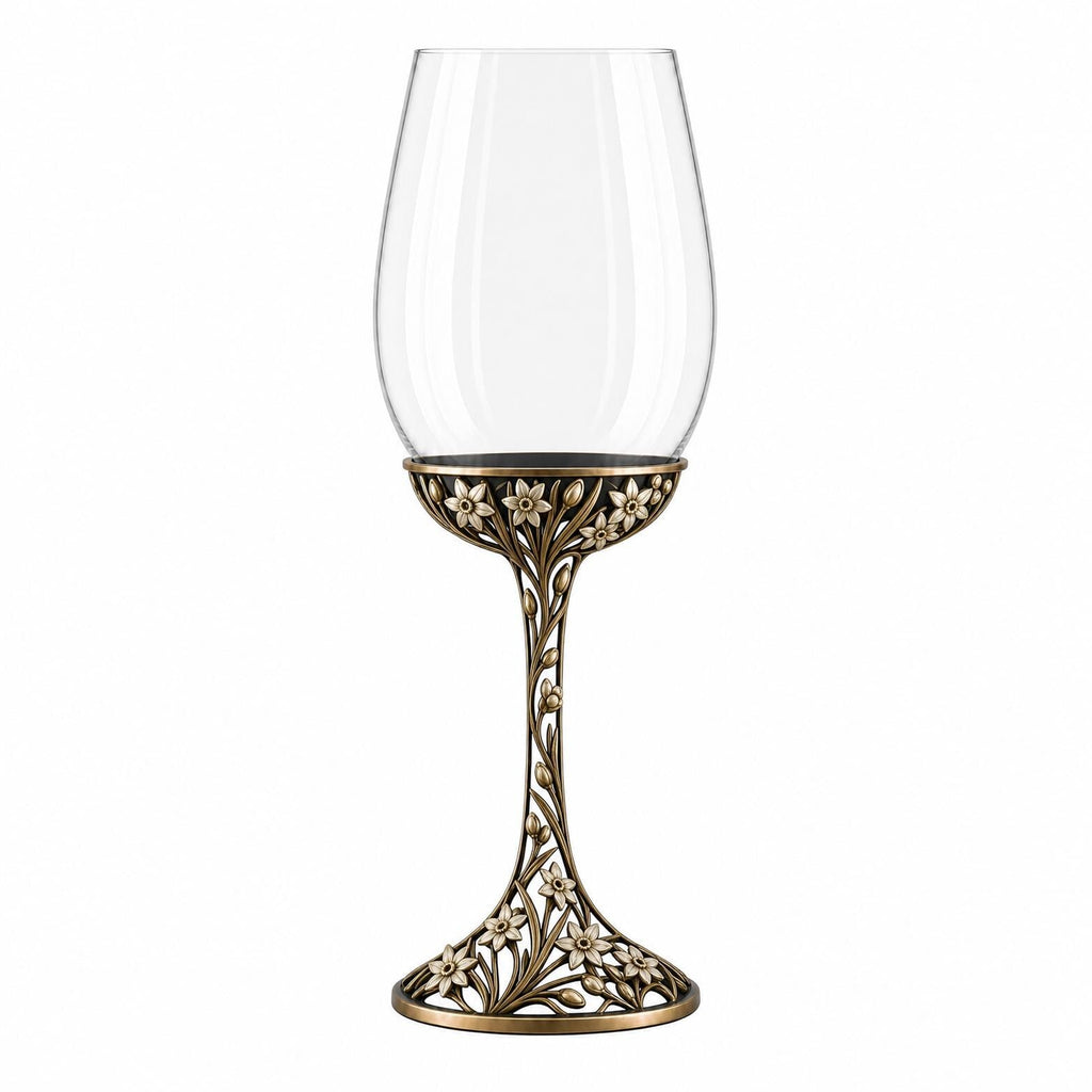 December Narcissus Wine Glass, Personalised Birth Flower, Openwork Brass Stem, Custom Etched Gift