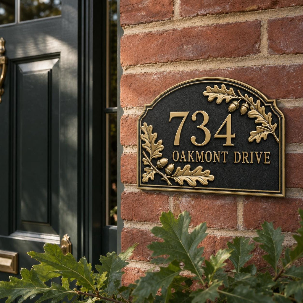 Personalized Address Plaque – Antique Brass Oak Leaf and Acorn