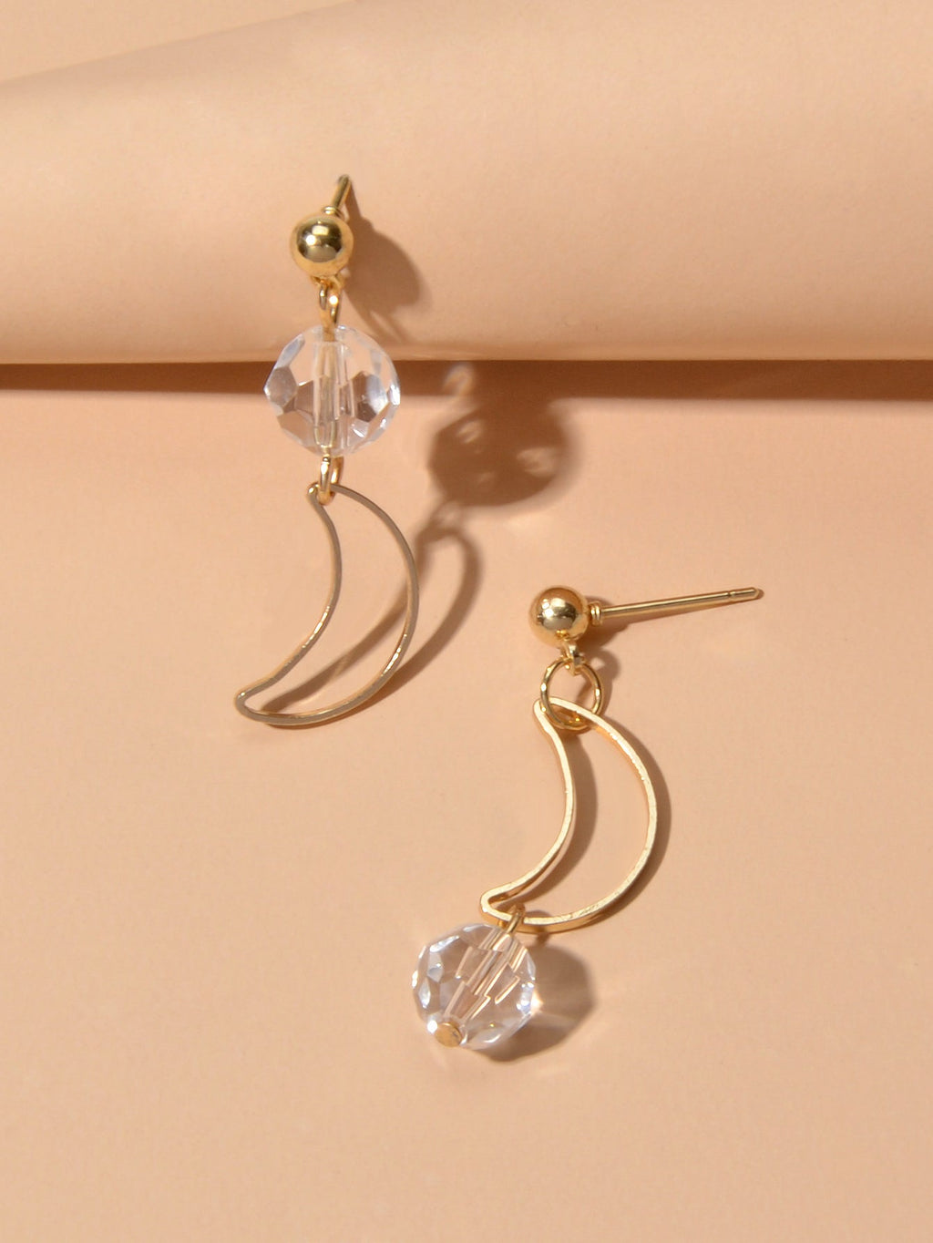 Minimalist Gold Metal Moon Star Transparent Beads Asymmetric Pierced Earrings