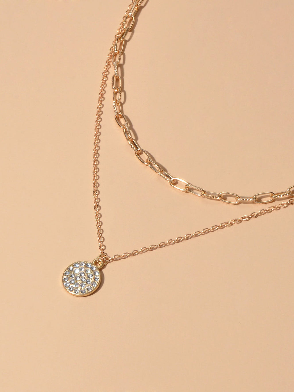 Female Jewellery Double layer Paperclip Gold Silver Chain Round Pendant Necklace