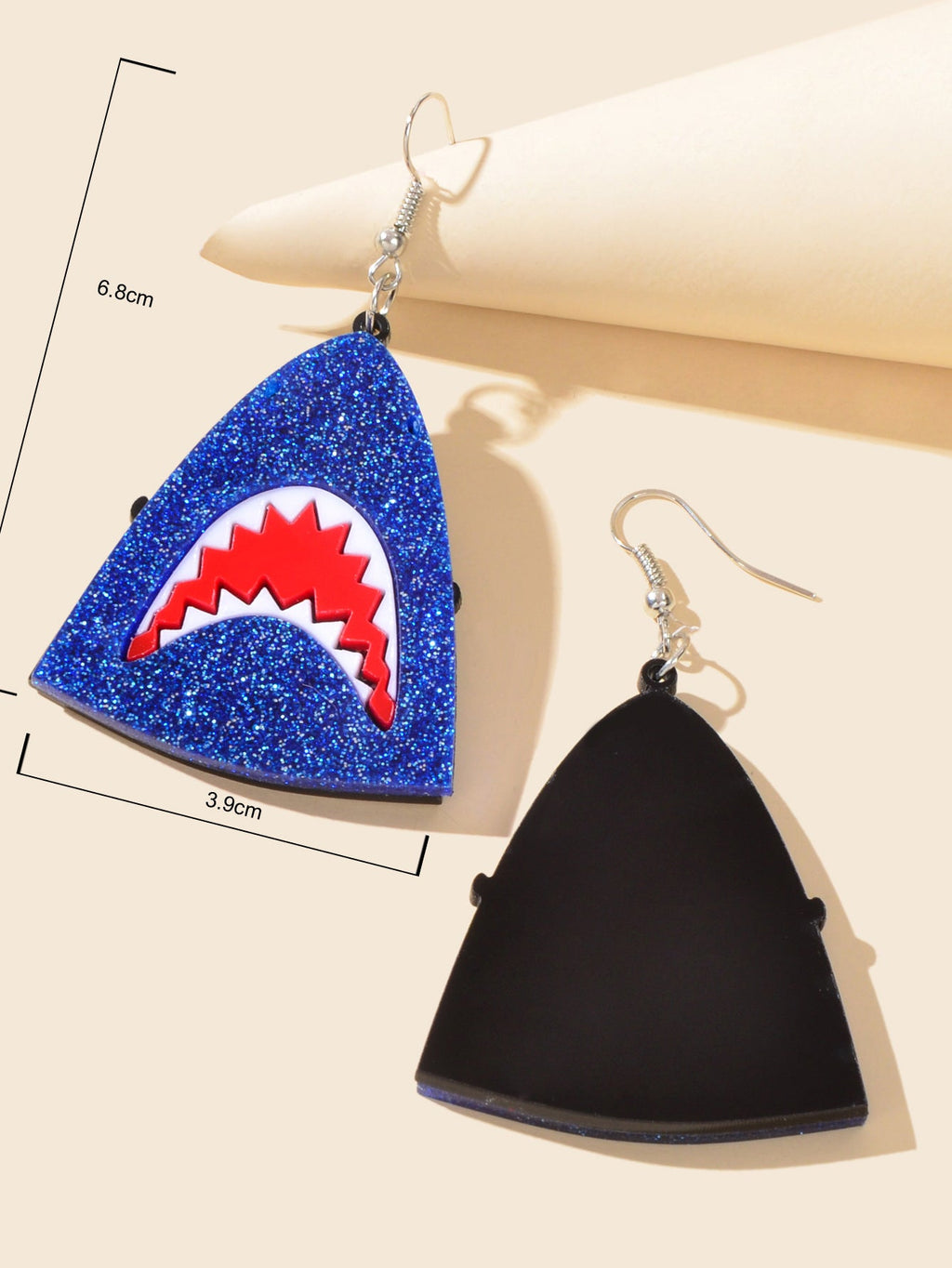 Blue glitter triangular shark-face earrings, approx 6.6cm drop