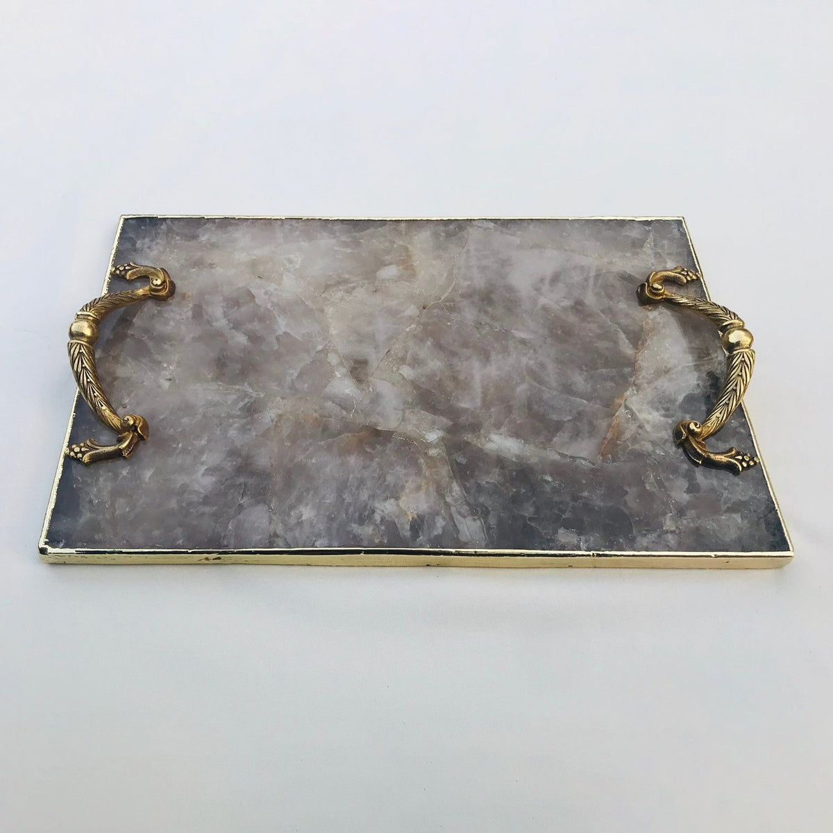 Smoky Quartz Serving Tray with Brass Handles-4