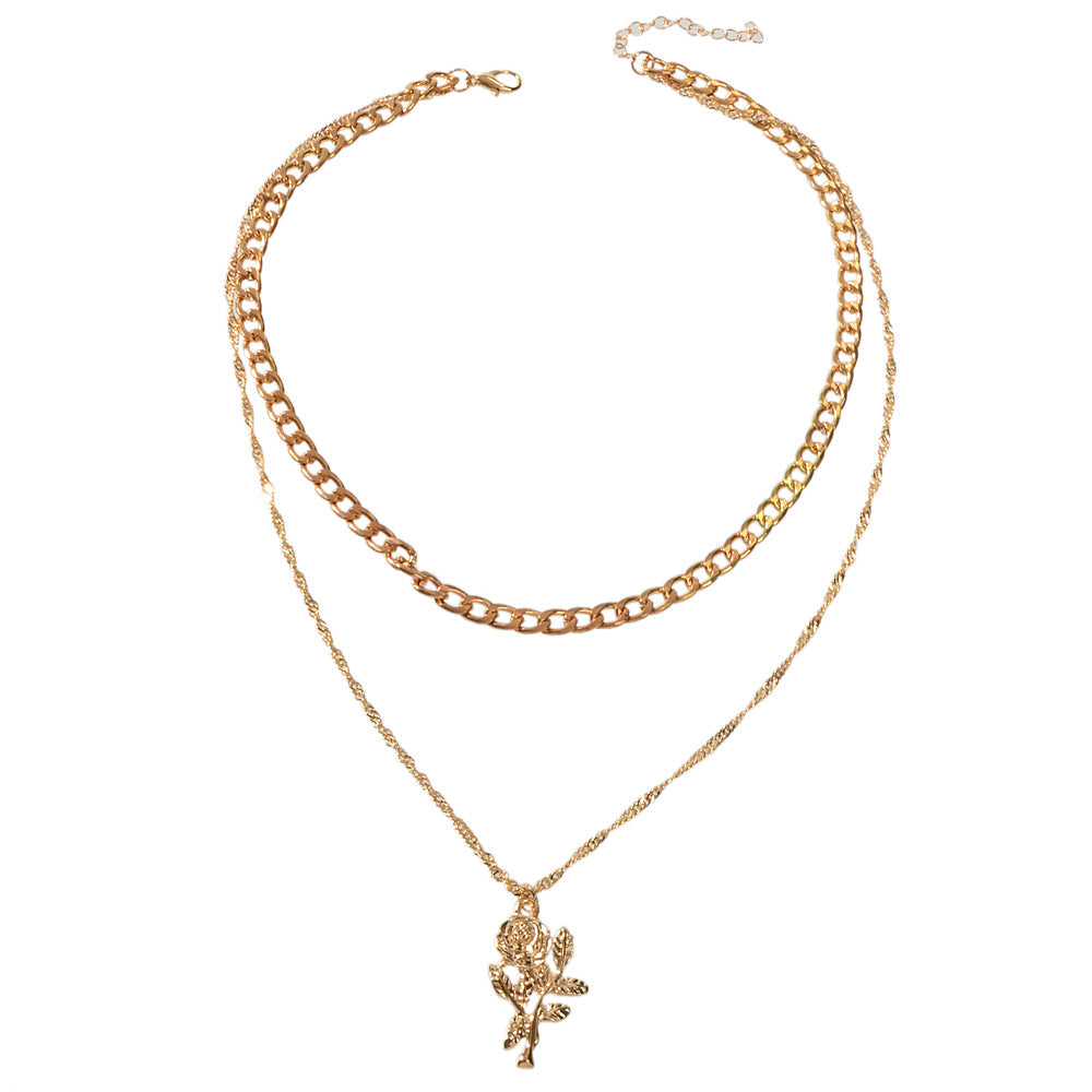 Female Jewelry Double layer Gold Chain Flower Pendant Necklace Women Accessories