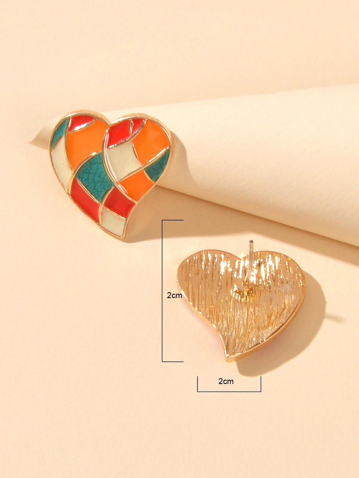 Candy Color Enamel Checkerboard Love Heart Stud Earrings Retro Trendy Accessory