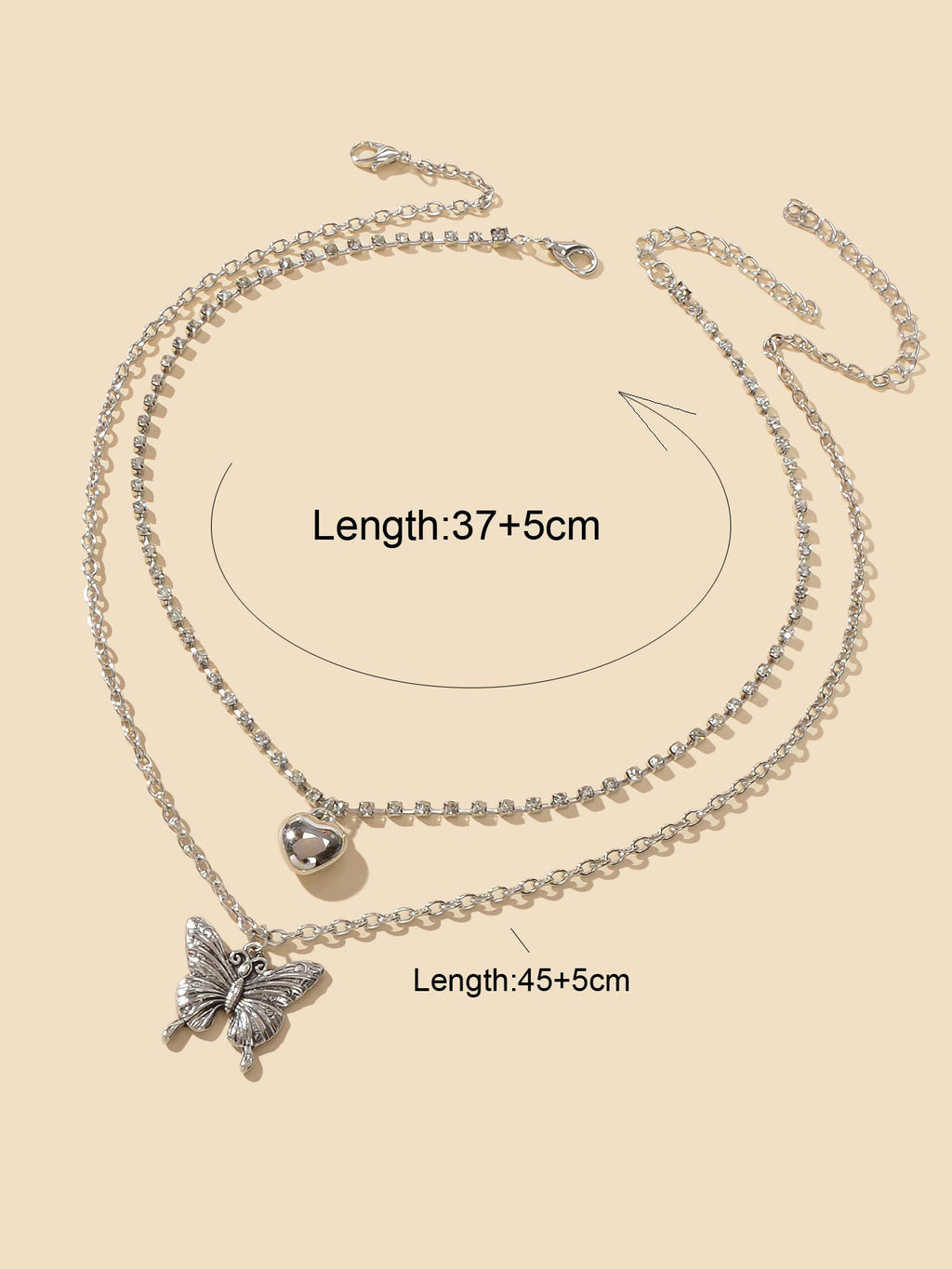 2 pcs Multiple Layered Rhinestone Chain Silver Heart Carved Butterfly Necklace