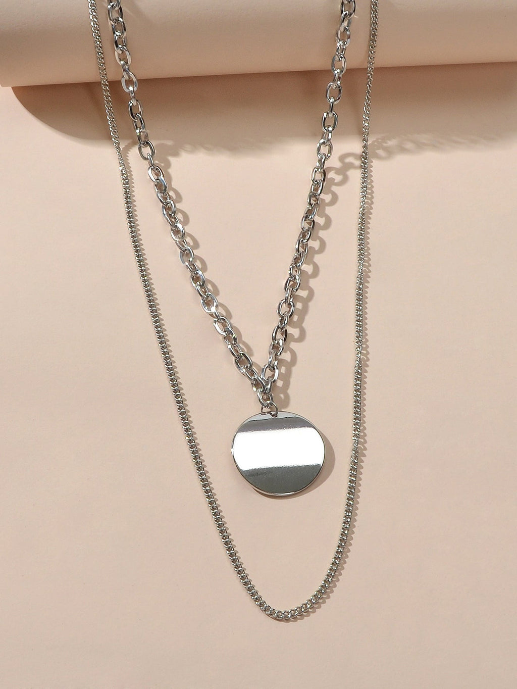 Statement Jewelry Double layer Silver Long Chain Geometric Round Charm Necklace