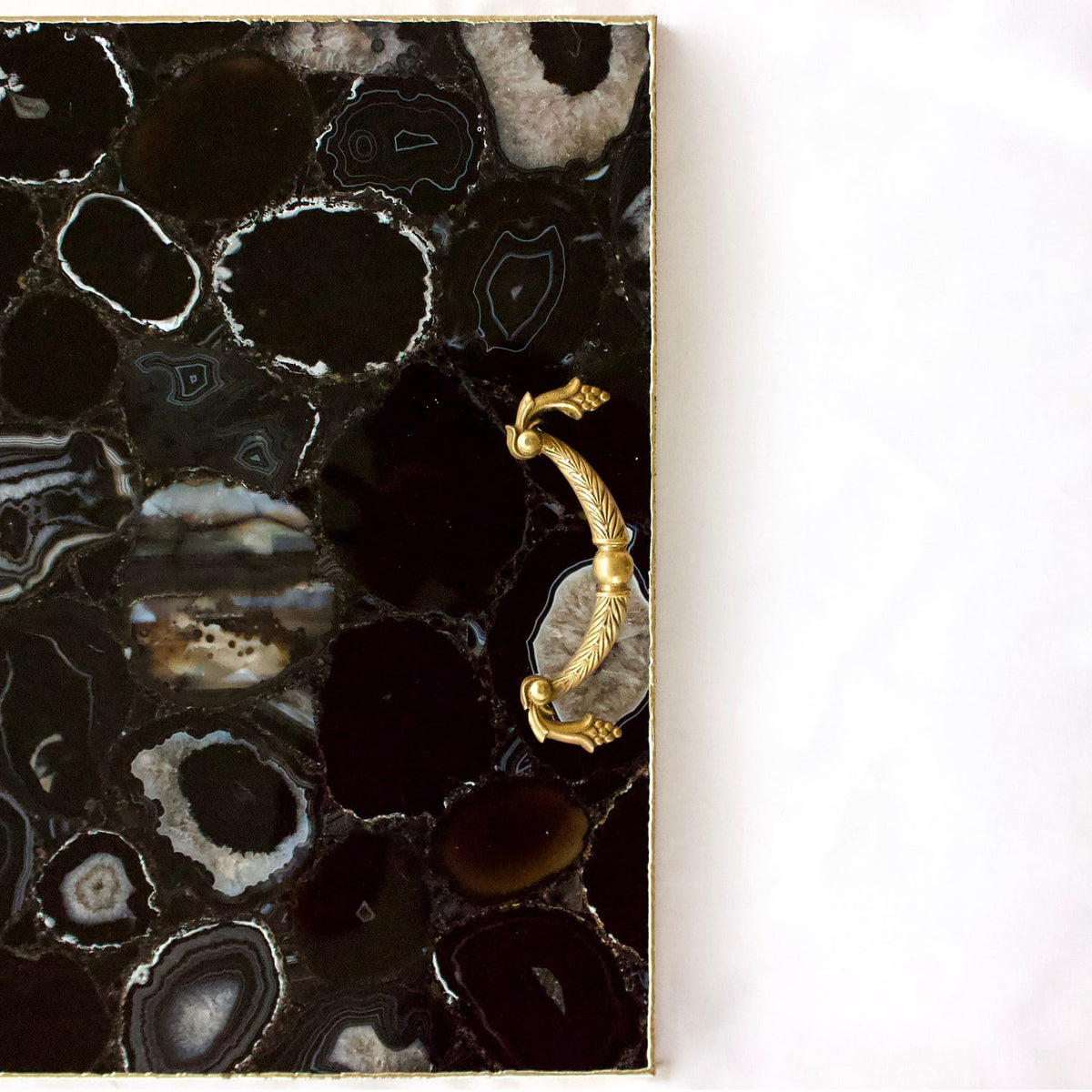 Black Agate Square Serving Tray with Brass Handles