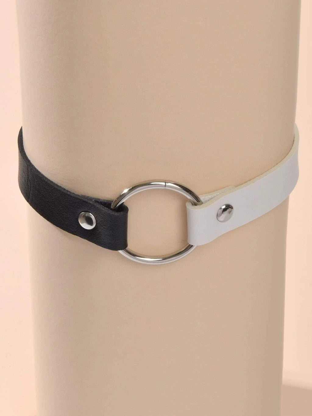 Two-tone PU leather choker with silver O-ring clasp and metal rivets, black/white