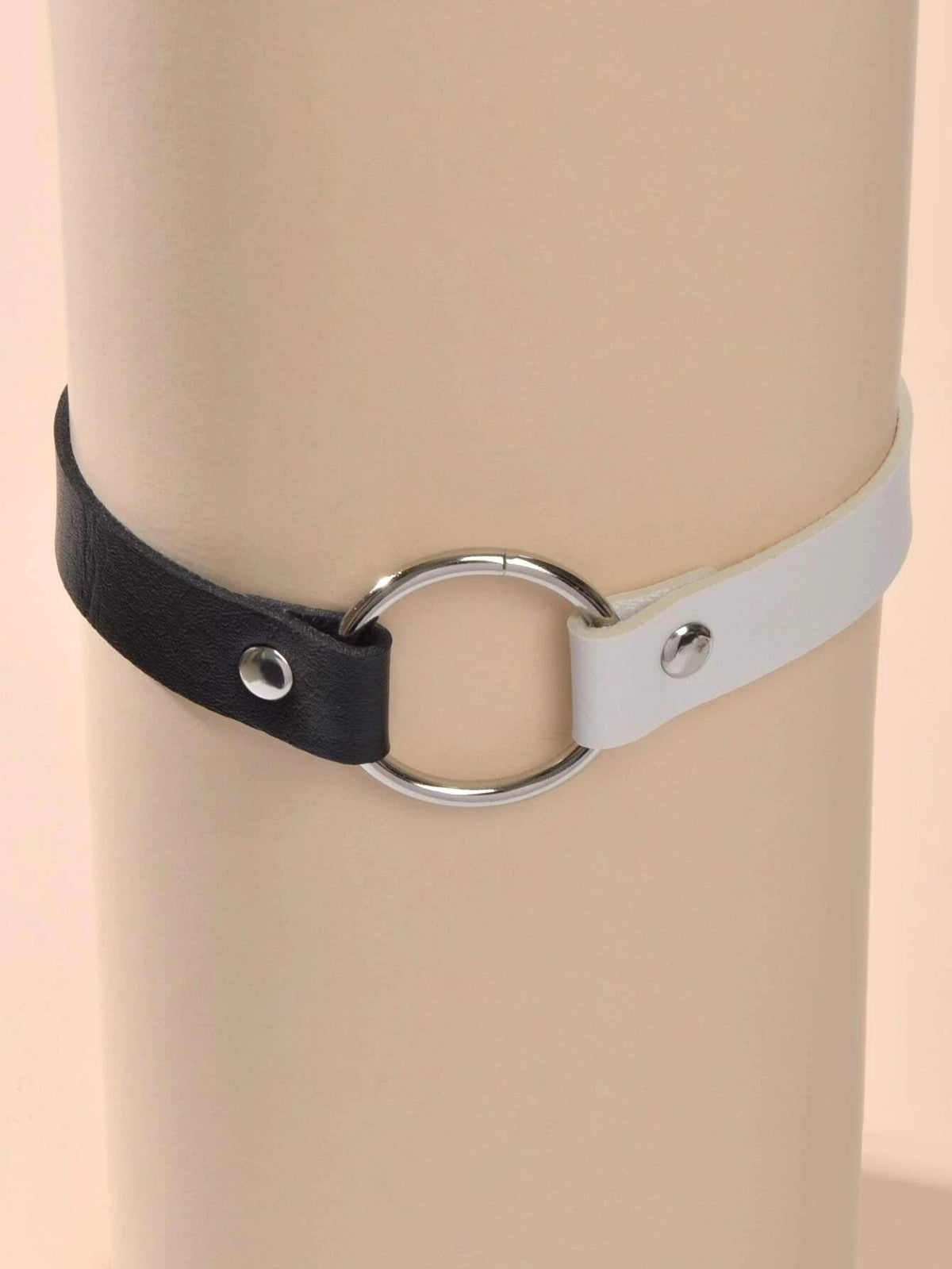 Two-tone PU leather choker with silver O-ring clasp and metal rivets, black/white