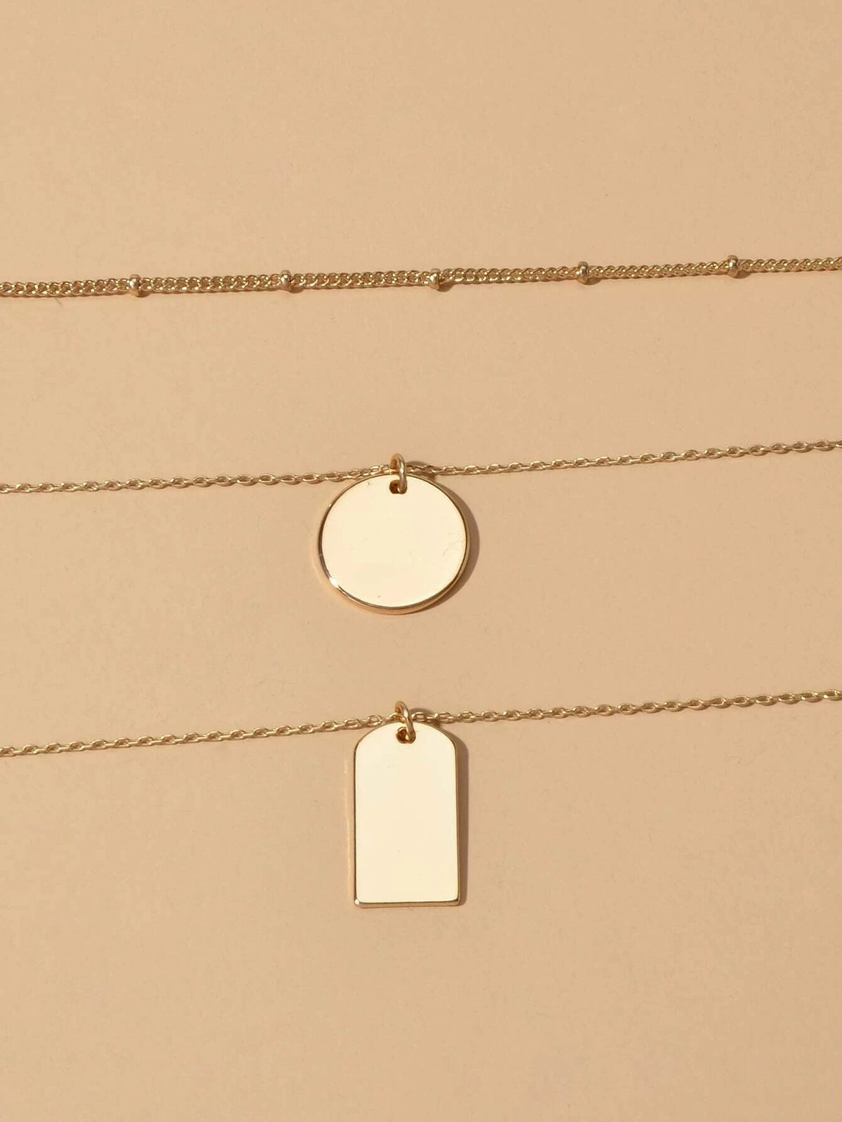 3pcs Multi-layer Gold Tone Chain Round Square Pendant Necklace Girls Teens Gift