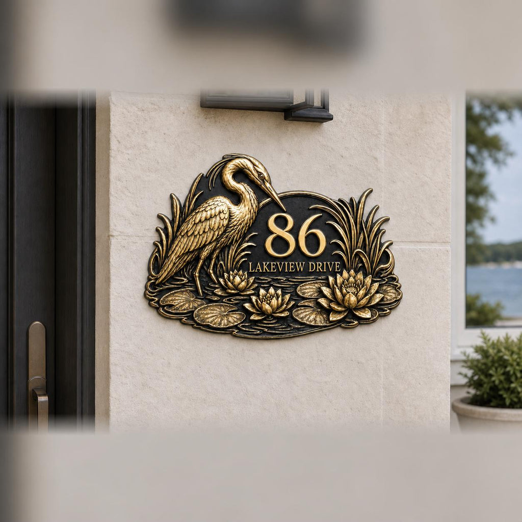Design Your Own House Number Plaque, Heron and Water Lilies