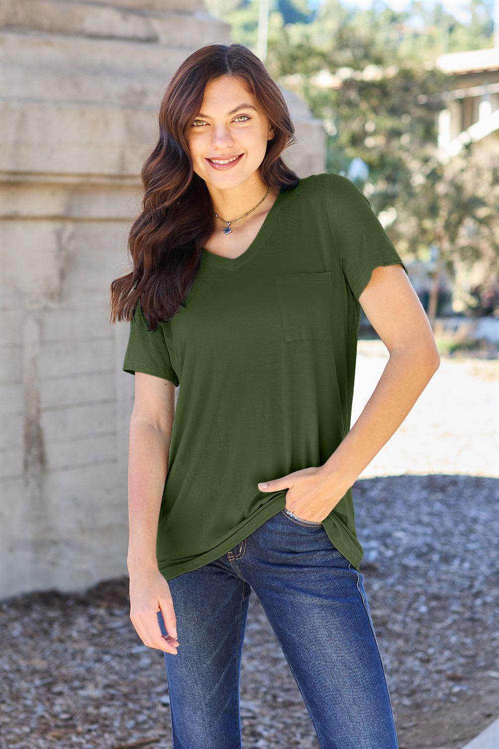 Basic Bae Full Size V-Neck Short Sleeve T-Shirt for Women - n/a at Dealshubindia