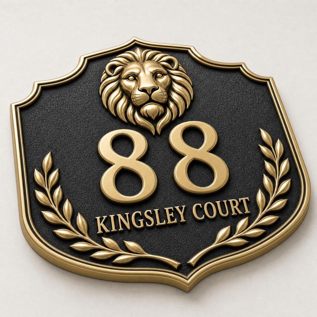 Lion Crest Shield Address Plaque in Antique Brass