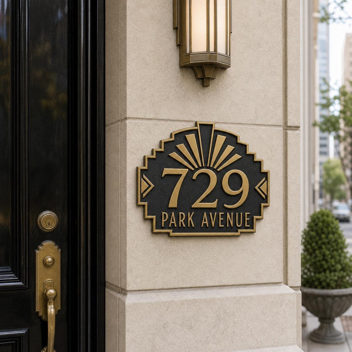 Personalized Address Plaque – Antique Brass Art Deco Fan