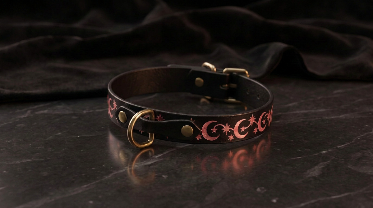 Discreet Day Collar – Moon And Stars Leather Choker Metal Buckle.