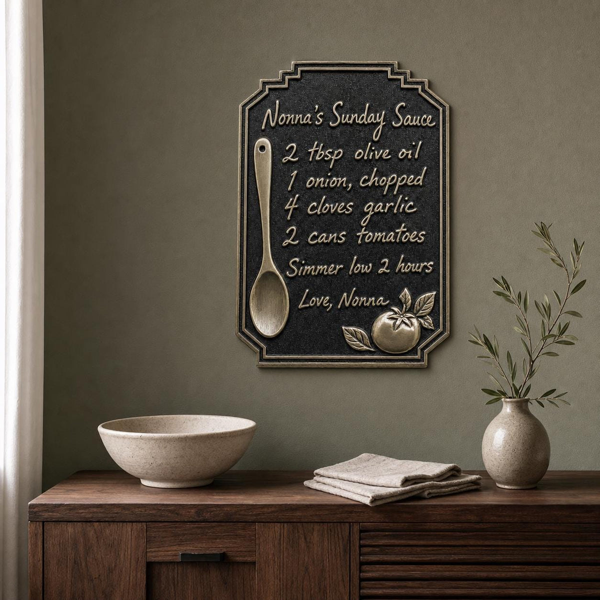 Handwritten Recipe Plaque – Antique Brass, Tall