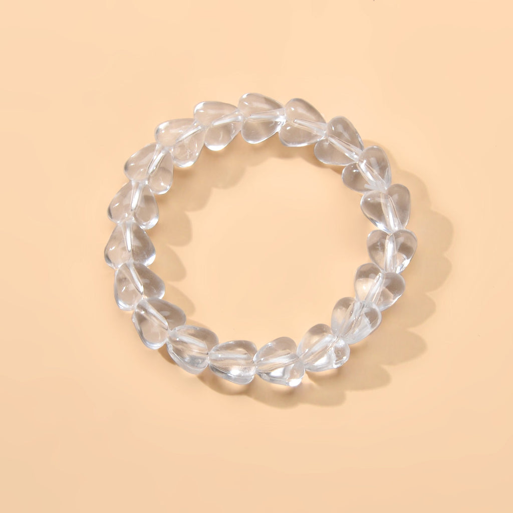 Transparent resin heart-bead elastic bracelet, round loop of clear beads