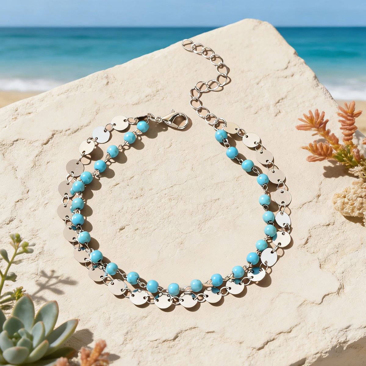 Ethnic Style Gold Silver Disc Chain Turquoise Beads Layered Anklet Foot Jewelry