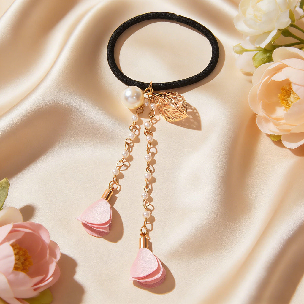 Hair Holder Accessories Pearl Long Chain Headwear Petal Elastic Hair Ties Ropes