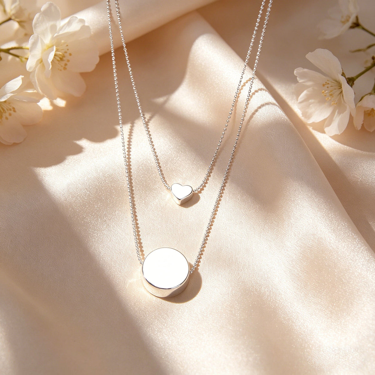 2 pcs Popular Jewellery Silver Chain Love Heart Round Charm Necklace Accessories