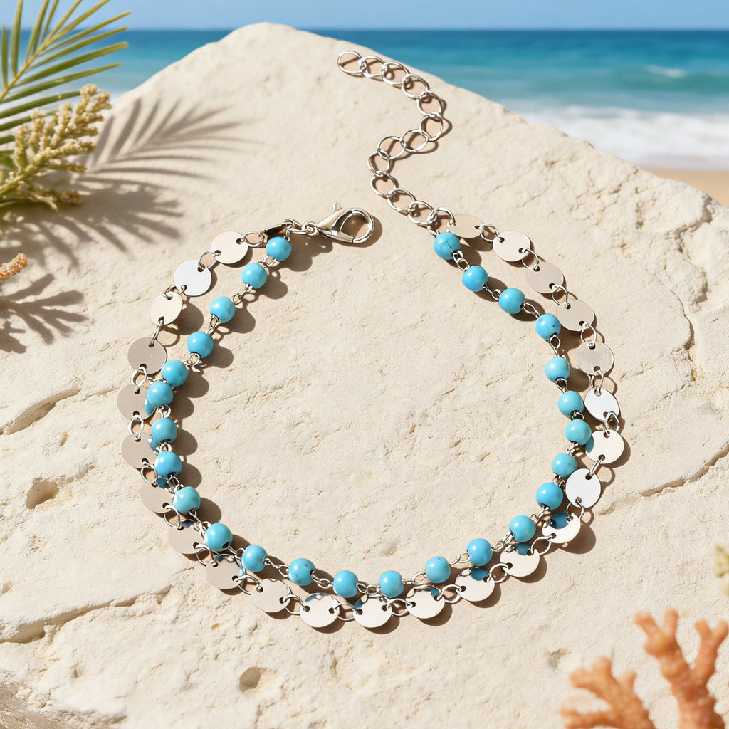 Ethnic Style Gold Silver Disc Chain Turquoise Beads Layered Anklet Foot Jewelry