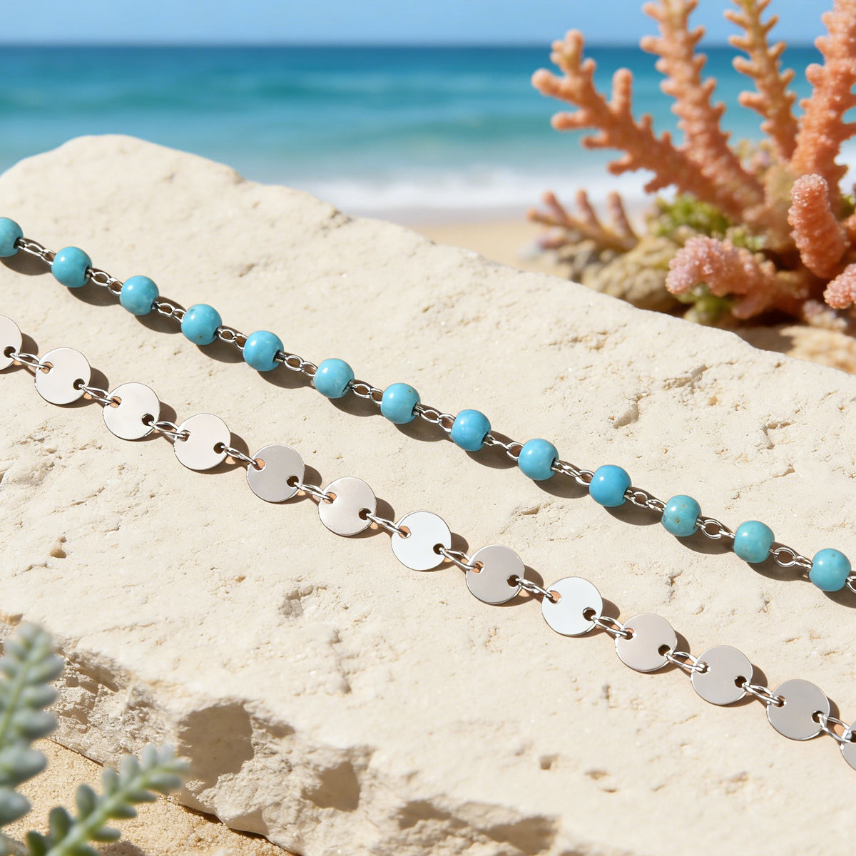Ethnic Style Gold Silver Disc Chain Turquoise Beads Layered Anklet Foot Jewelry