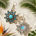 Vintage Jewelry Antique Silver Hollow out Blue Turquoise Flower Dangle Earrings