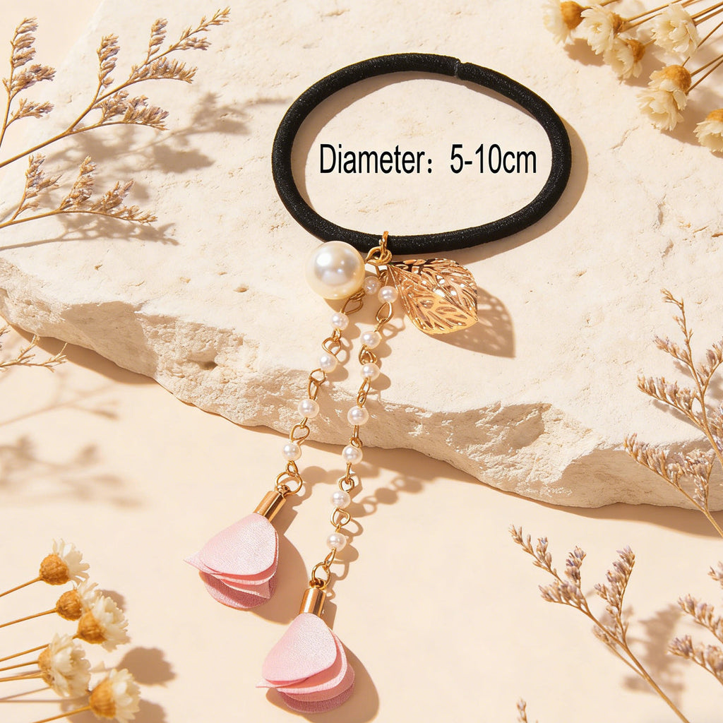 Hair Holder Accessories Pearl Long Chain Headwear Petal Elastic Hair Ties Ropes