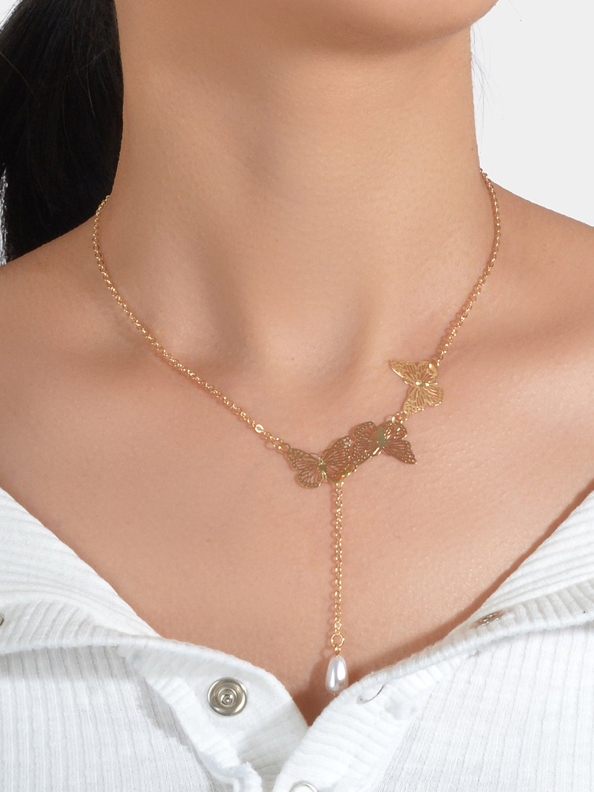 Designer Gold Butterfly Pearl Charm Personality Long Chain Dangle Y Necklace