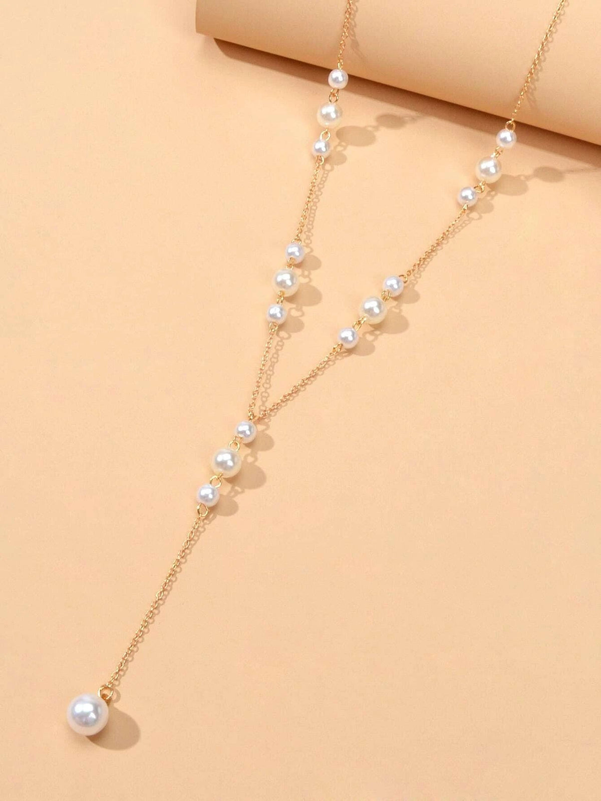 Pearl Decoration Long Gold Chain Y Shape Pendant Clavicle Necklace Teens Collar