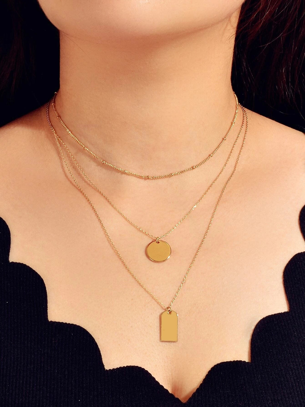 3pcs Multi-layer Gold Tone Chain Round Square Pendant Necklace Girls Teens Gift